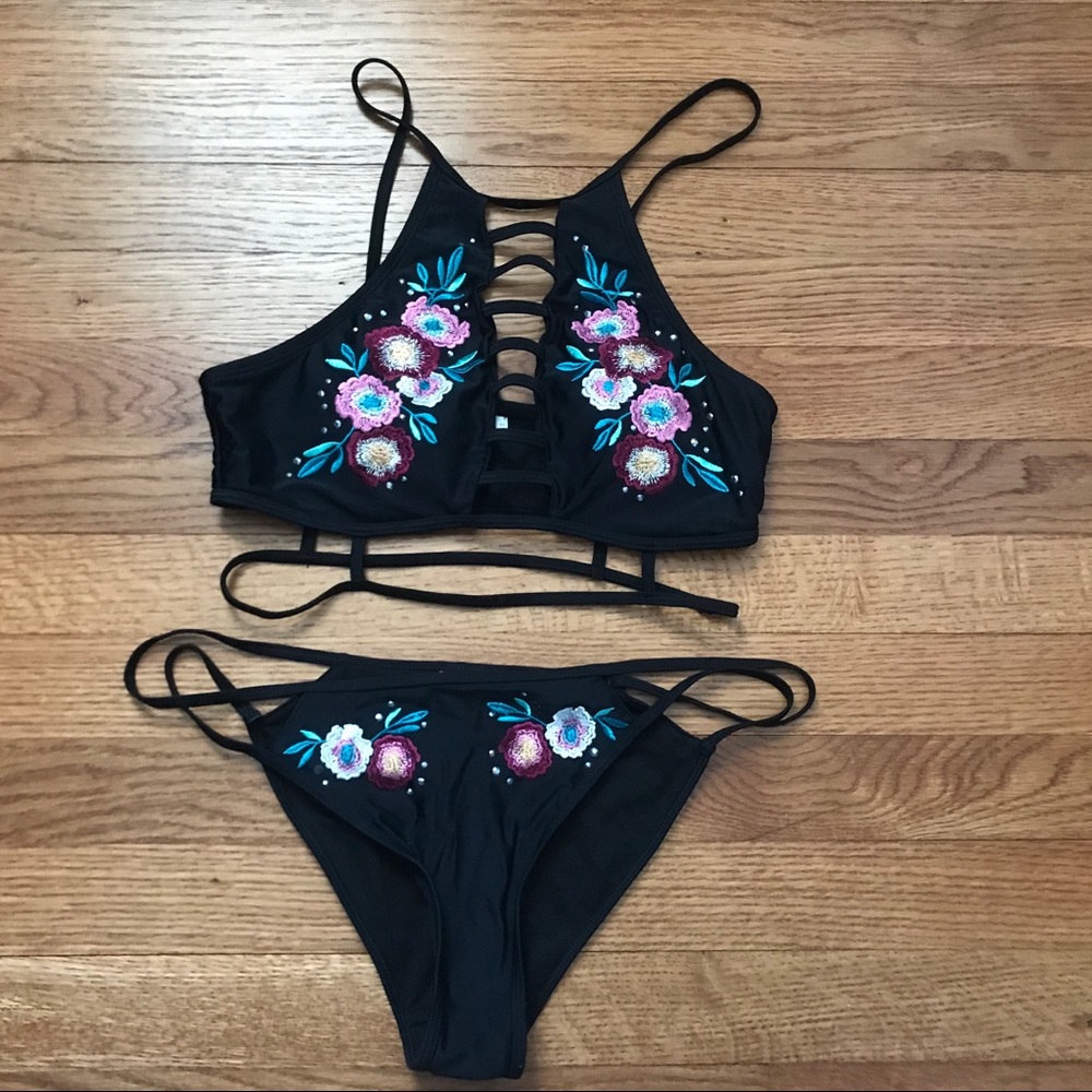 Black Embroidered Bikini Swimsuit